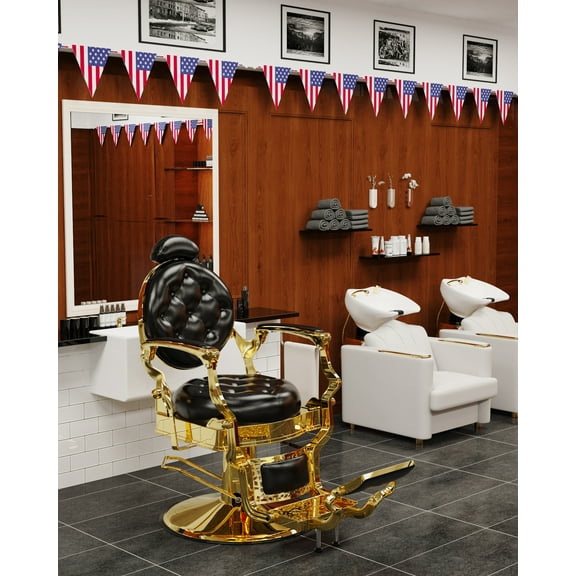 Baasha Classic Barber Chair, Retro Reclining Barber Chair with Removable Headrest, Vintage Barber Chair with Heavy-Duty Steel Frame, Comfortable Salon Chair Tattoo Chair, Black and Gold Stylist Chair