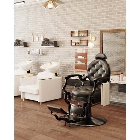 Baasha Classic Barber Chair, Retro Reclining Barber Chair with Removable Headrest, Vintage Barber Chair with Heavy-Duty Steel Frame, Comfortable Salon Chair Tattoo Chair, All Black Stylist Chair
