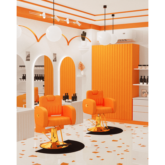 Baasha Ergonomic Orange and Gold Salon Chair with Comfortable Thickened Cushions, Heavy Duty Stylist Chair with Steel Frame, Stylish Hair Chair with Leather Upholstery, Weight Capacity 440 lbs