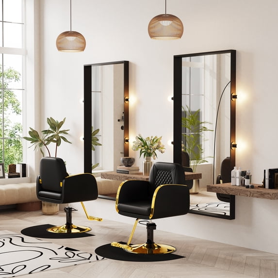 Baasha Premium Black and Gold Salon Chair for Hair Stylist, with Upgraded Durable Material, 360 Degree Swivel, Luxury Gold Armrests, Styling Chair Support up to 330 lbs