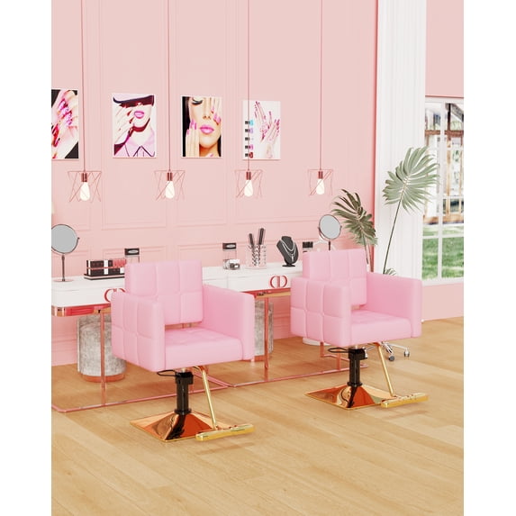 Baasha High-end Salon Chair, Gold & Pink, Faux Leather, 360° Swivel, 330 lbs Weight Capacity, Memory Foam Cushion, Arm Rest, Ergonomic, Adjustable Height, Foot Rest, PU Leather