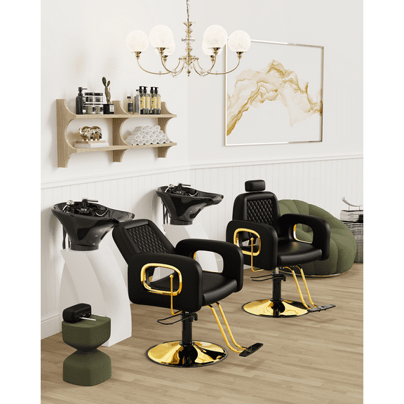 Baasha New Gold Reclining Salon Chair, Hair Styling Chair with Upgraded Comfortable Cushion, 360Swivel Hair Chair for Hair Stylist, Chair for Salon, Weight Capacity Up to 440 lbs - Black