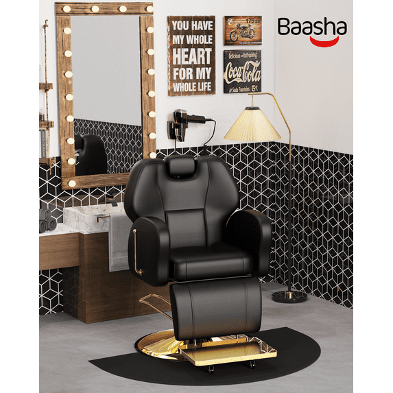 Baasha Professional Barber Chair, Black and Gold Reclining Salon Chair with Comfortable Seat Cushion, All-Purpose Hair Chair with Removable Headrest, Weight Capacity 440 lbs