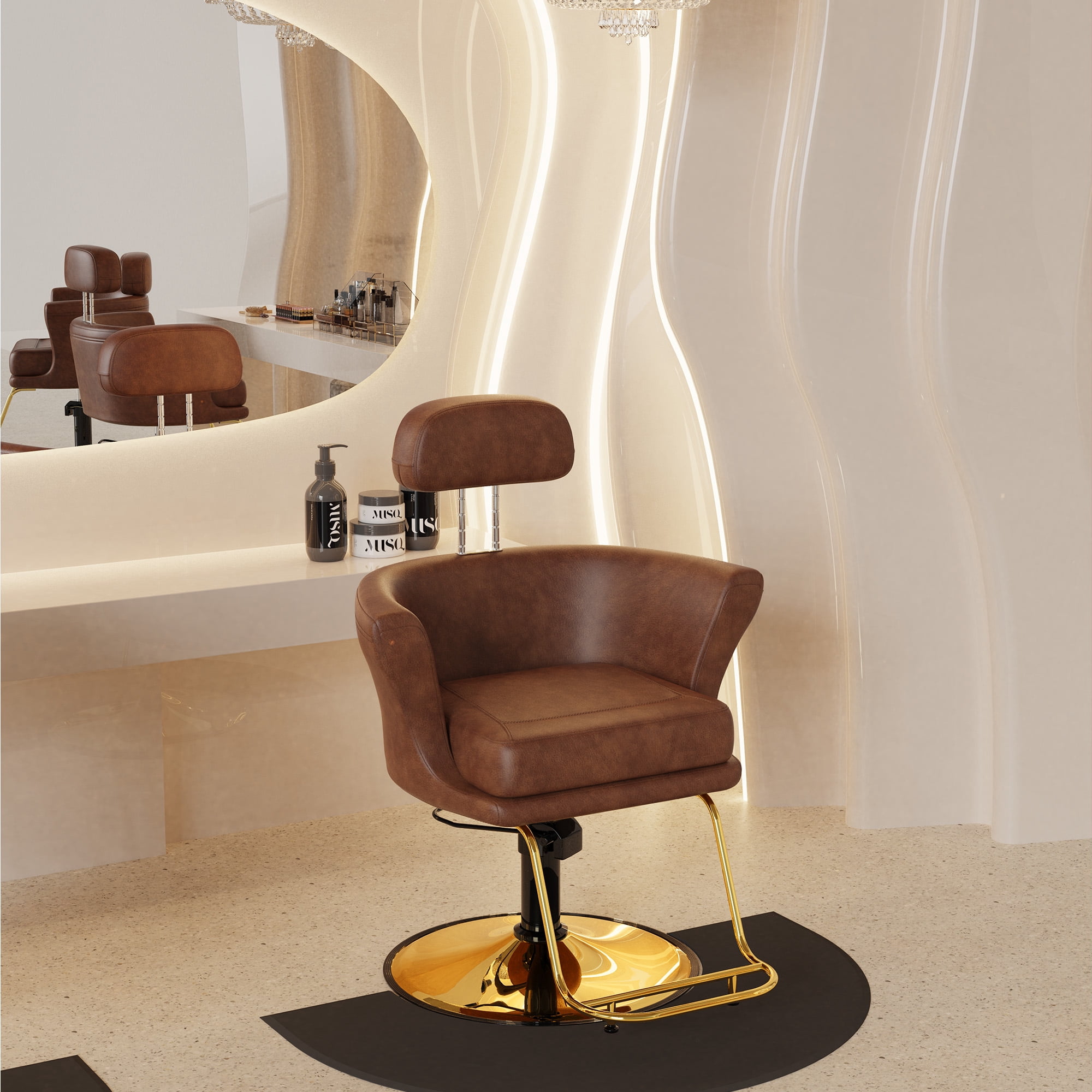 Baasha Professional Gold Salon Chair, Sleek and Modern Styling Chair with Comfort Sponge Filler, Adjustable Height, and Heavy-Duty Base, Premium Hair Salon Chair, Weight Capacity Up to 330 lbs -Brown