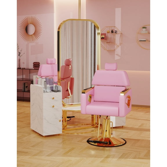 Baasha Professional Reclining Salon Chair with Removable Headrest, Heavy-duty Gold Barber Chair with Premium Steel Frame, Comfortable and Elegant Design Stylist Chair, Weight Capacity 440 lbs-PK