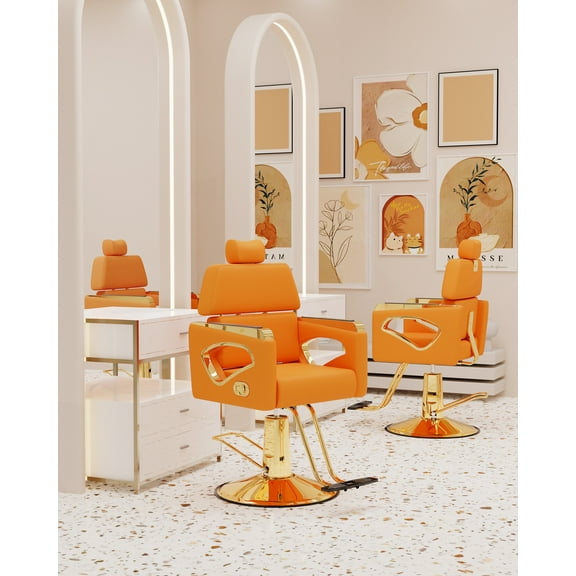 Baasha Professional Reclining Salon Chair with Removable Headrest, Heavy-duty Gold Barber Chair with Premium Steel Frame, Comfortable and Elegant Design Stylist Chair, Weight Capacity 440 lbs-Orange