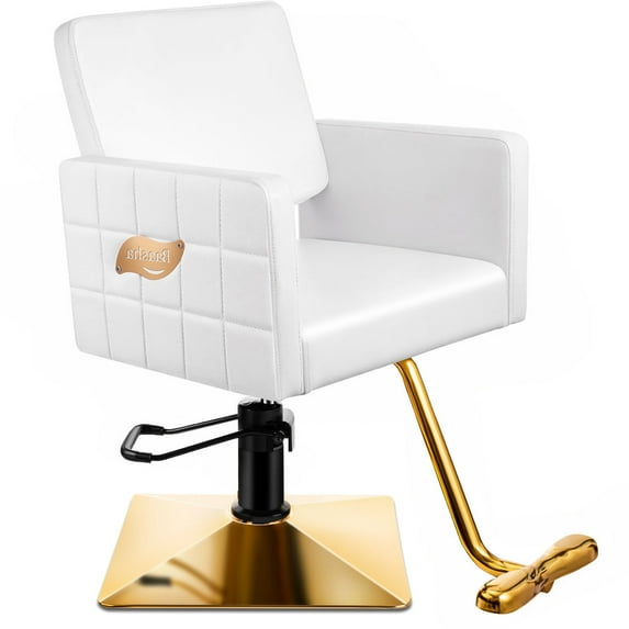 Baasha Professional White & Gold Salon Chair, Upgrade Hydraulic Pump, Gold Accents, Stain-Resistant, 330 lbs Capacity