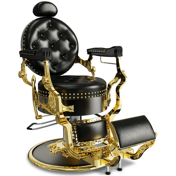 Baasha Retro Classic Barber Chair, Heavy-Duty Reclining Barber Chair, Vintage Barber Chair with Exquisite Rivet Design, Comfortable Salon Chair Tattoo Chair with Ergonomic Armrest, Black and Gold