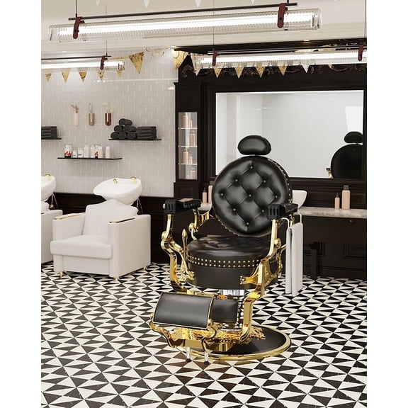 Baasha Black Gold Retro Classic Reclining Barber Chair with Rivet Design, Salon Chair, 550 lbs Support