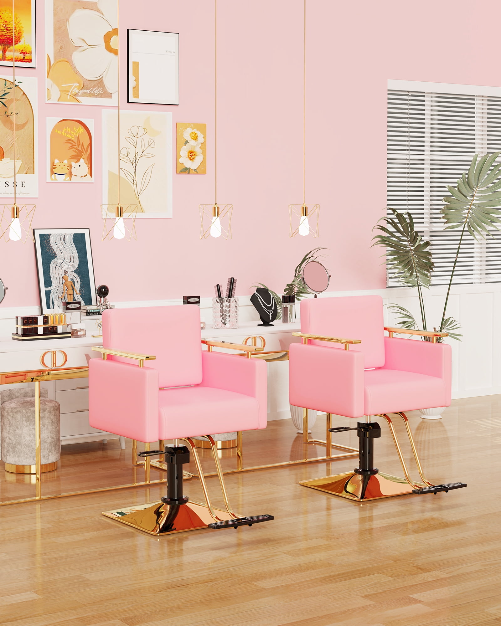 Baasha Salon Chair, Barber Chair with Stainless Steel Armrest, Salon Styling Chairs for Hair Stylist, Hydraulic Salon Chair, Beauty Spa Equipment (Gold & Pink)