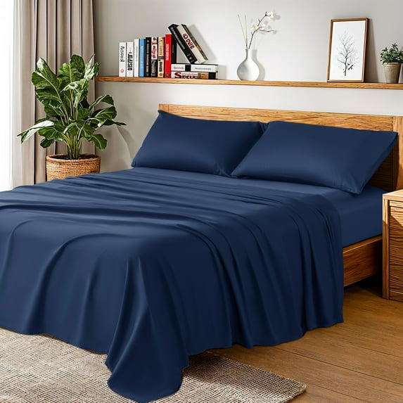Baauye 100% Cotton Sheet Set, 1000 Thread Count Durable 4-Piece Bed Sheets with 16" Deep Pocket, Full, Navy Blue