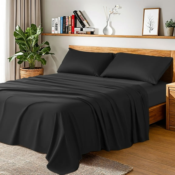 Baauye 100% Cotton Sheet Set, 1000 Thread Count Durable 4-Piece Bed Sheets with 16" Deep Pocket, King, Black