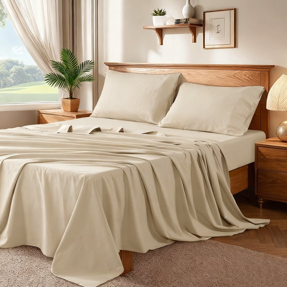 Baauye 100% Linen Bed Sheets Queen Size, 4-Piece Cotton Sheets with 16" Deep Pocket, Linen