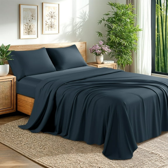 Baauye Cooling Bamboo Sheets Set, 4-Piece California King Sheet Set with 16" Deep Pockets, Soft and Breathable Bed Sheets, Navy Blue