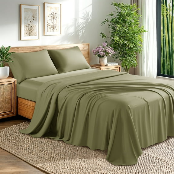Baauye Cozy Bamboo Sheets Set, 4-Piece California King Sheet Set with 16" Deep Pockets, Soft and Breathable Bed Sheets, Sage Green