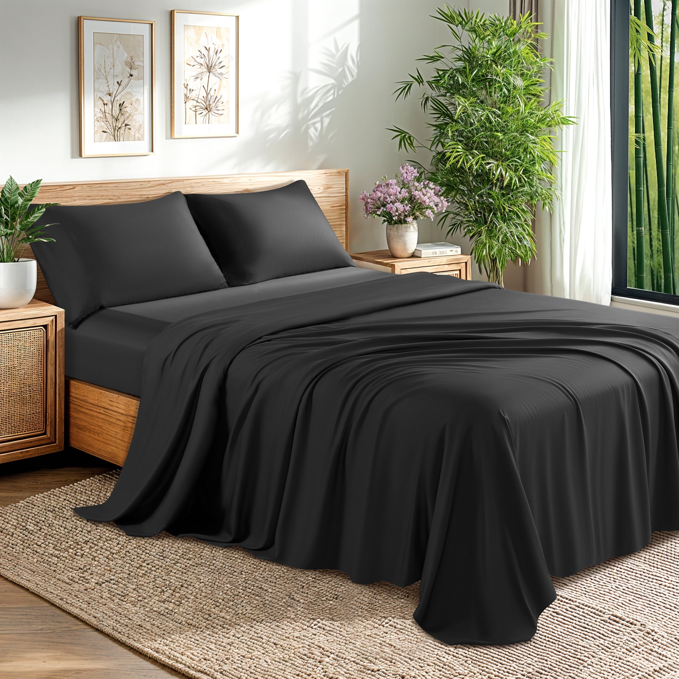 Baauye Cozy Bamboo Sheets Set, 4-Piece Full Sheet Set with 16" Deep Pockets, Soft and Breathable Bed Sheets, Black