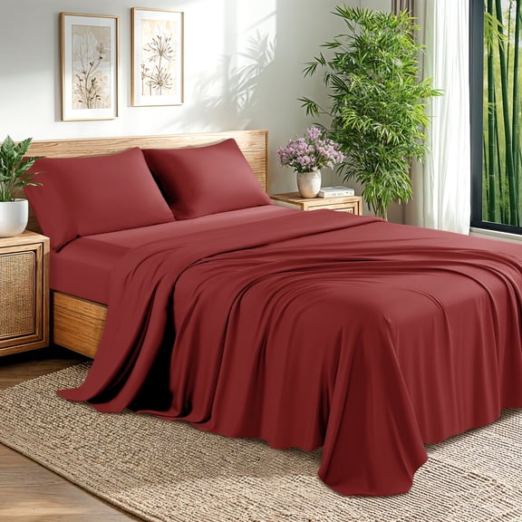 Baauye Cozy Bamboo Sheets Set, 4-Piece Full Sheet Set with 16" Deep Pockets, Soft and Breathable Bed Sheets, Burgundy