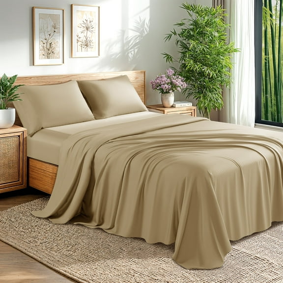 Baauye Cozy Bamboo Sheets Set, 4-Piece King Sheet Set with 16" Deep Pockets, Soft and Breathable Bed Sheets, Beige