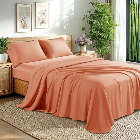 Baauye Cozy Bamboo Sheets Set, 4-Piece King Sheet Set with 16" Deep Pockets, Soft and Breathable Bed Sheets, Coral
