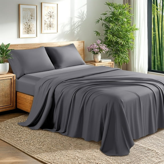 Baauye Cozy Bamboo Sheets Set, 4-Piece King Sheet Set with 16" Deep Pockets, Soft and Breathable Bed Sheets, Dark Gray