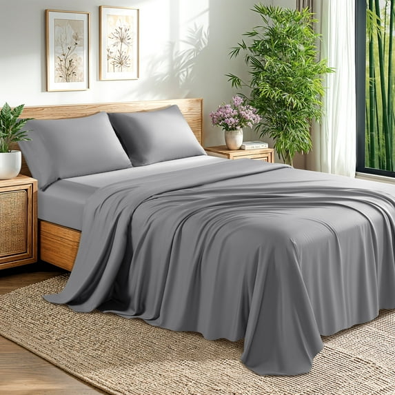 Baauye Cozy Bamboo Sheets Set, 4-Piece King Sheet Set with 16" Deep Pockets, Soft and Breathable Bed Sheets, Gray
