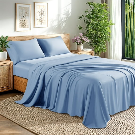 Baauye Cozy Bamboo Sheets Set, 4-Piece King Sheet Set with 16" Deep Pockets, Soft and Breathable Bed Sheets, Lake Blue