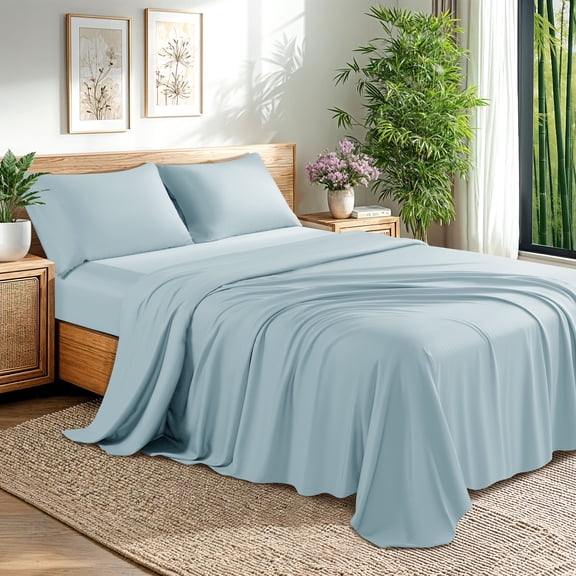 Baauye Cozy Bamboo Sheets Set, 4-Piece King Sheet Set with 16" Deep Pockets, Soft and Breathable Bed Sheets, Spa Blue