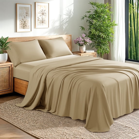 Baauye Cozy Bamboo Sheets Set, 4-Piece Queen Sheet Set with 16" Deep Pockets, Soft and Breathable Bed Sheets, Beige