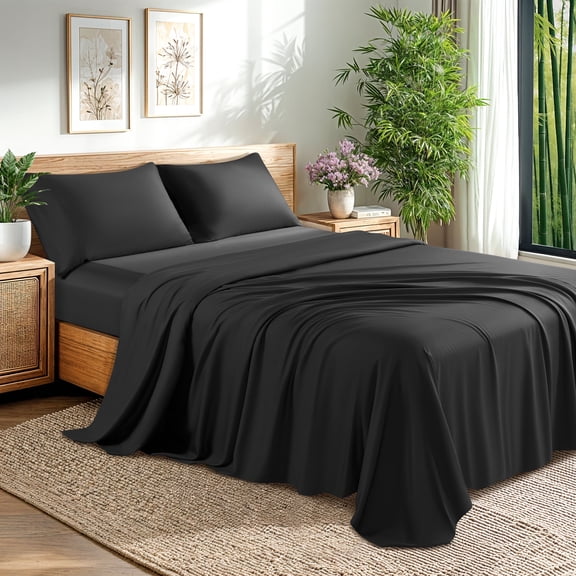 Baauye Cozy Bamboo Sheets Set, 4-Piece Queen Sheet Set with 16" Deep Pockets, Soft and Breathable Bed Sheets, Black