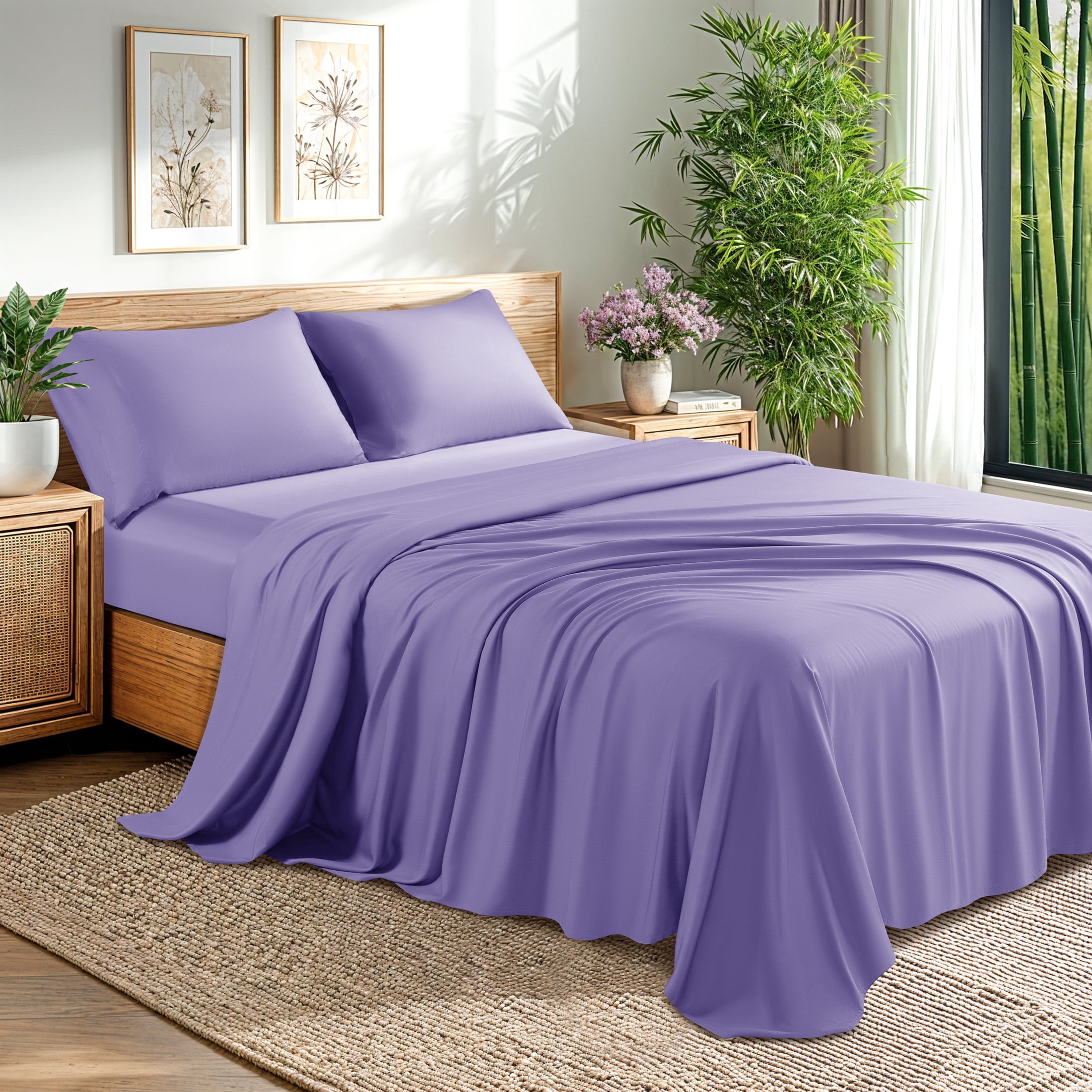 Baauye Cozy Bamboo Sheets Set, 4-Piece Queen Sheet Set with 16" Deep Pockets, Soft and Breathable Bed Sheets, Lavender