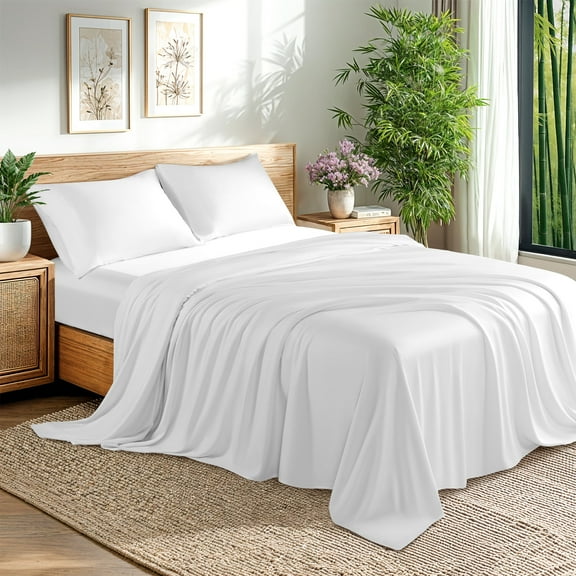 Baauye Cozy Bamboo Sheets Set, 4-Piece Queen Sheet Set with 16" Deep Pockets, Soft and Breathable Bed Sheets, White