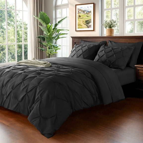 Baauye Queen Comforter Set, 7 Pieces Black Comforters, Pintuck Bedding Sets for All Season, Bed in a Bag with Comforter, 1 Fitted Sheet, 1 Flat Sheet, 2 Pillowcases & 2 Shams
