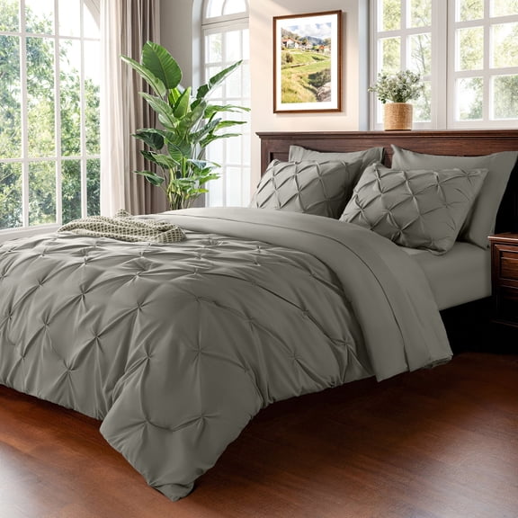 Baauye Queen Comforter Set, 7 Pieces Gray Comforters, Pintuck Bedding Sets for All Season, Bed in a Bag with Comforter, 1 Fitted Sheet, 1 Flat Sheet, 2 Pillowcases & 2 Shams