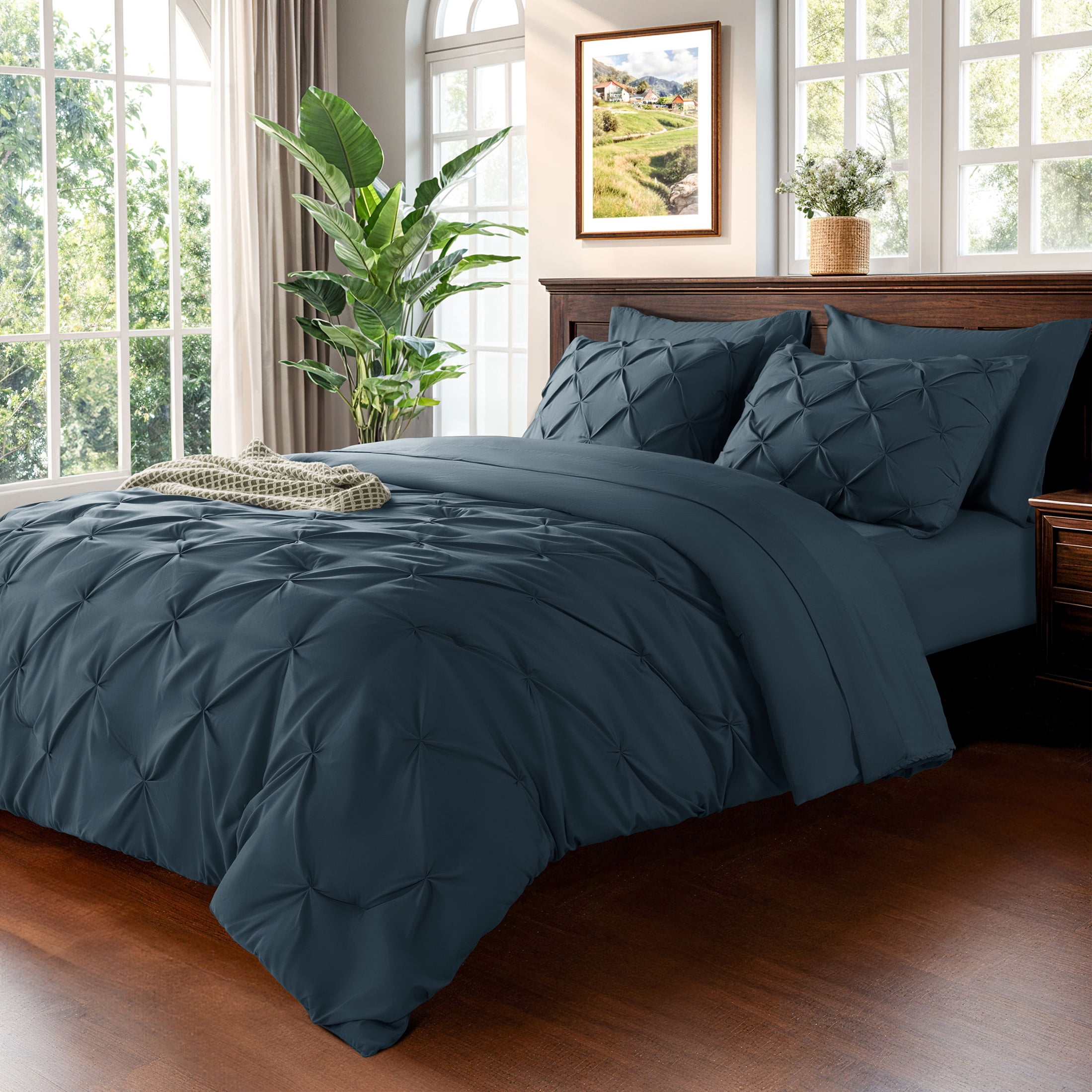 Baauye Queen Comforter Set, 7 Pieces Navy Blue Comforters, Pintuck ...
