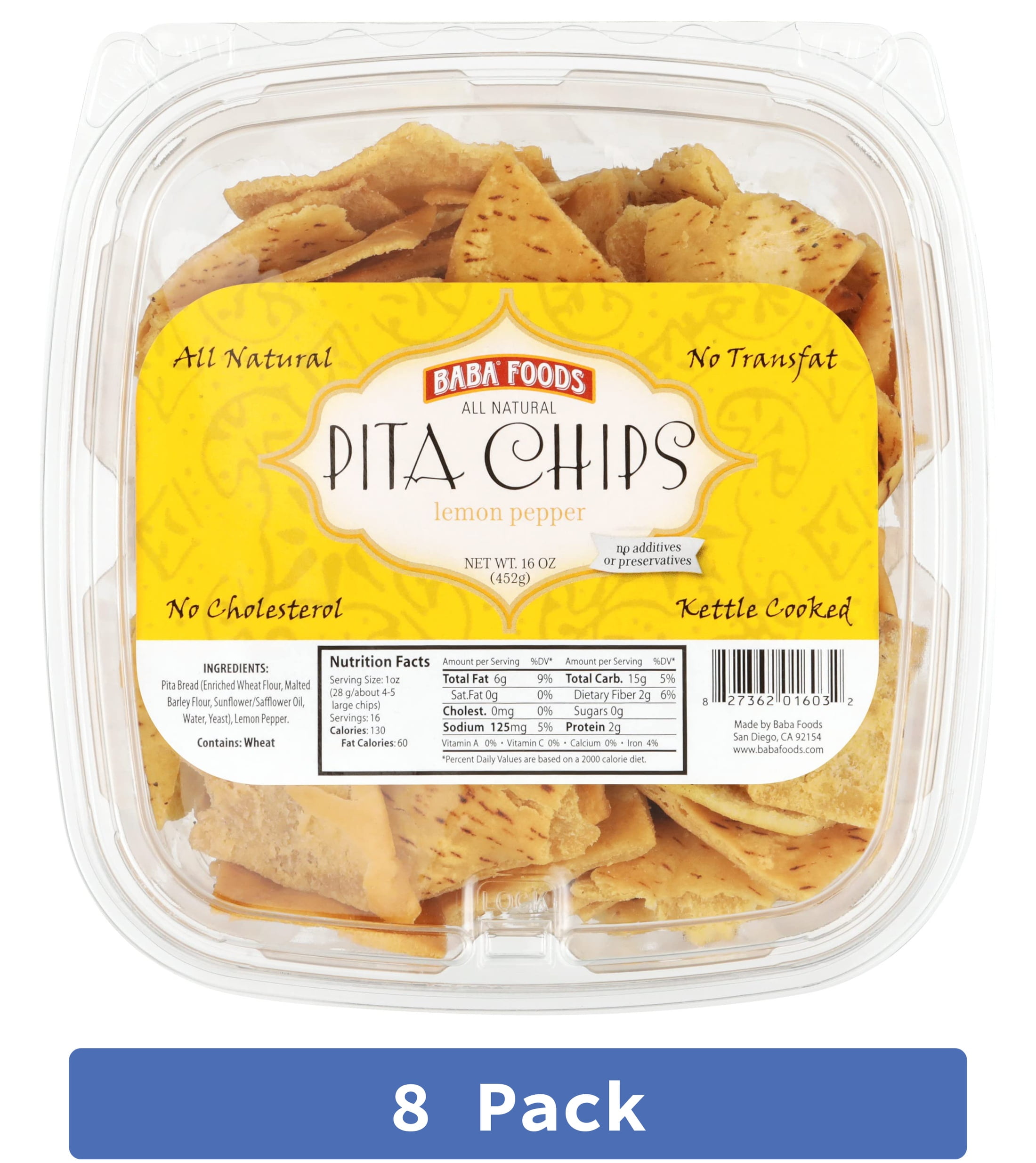 Baba Foods Lemon Pepper Pita Chips 16 oz (Pack of 8)