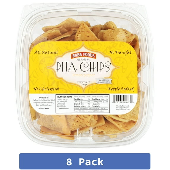 Baba Foods Lemon Pepper Pita Chips 16 oz (Pack of 8)