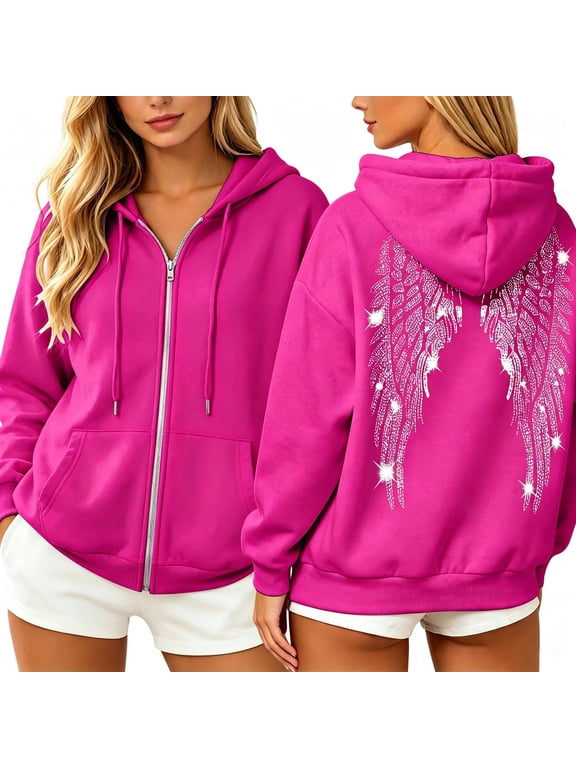 Hoodies For Women Zip Up Sparkly Rhinestone Angel Wing Graphic Hooded Jacket Long Sleeve Drawstring Hoodie Sweatshirt