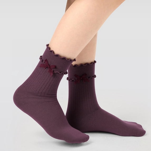 Babaley Kids Socks Girls Bow Decor Ruffled Edge Crew Socks Soft Comfortable Casual Daily Stylish Socks