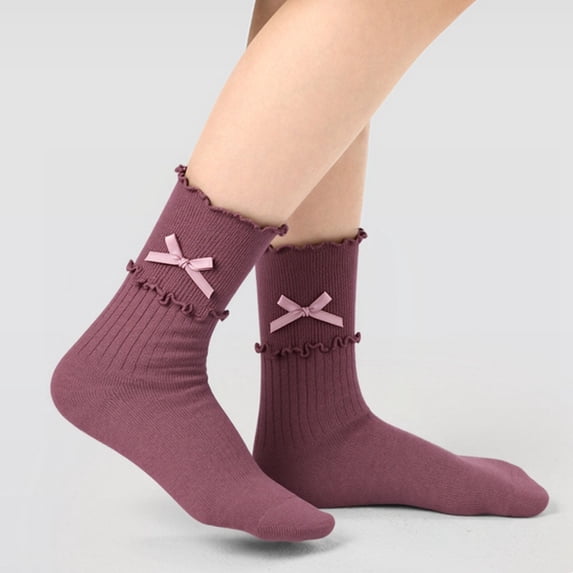 Babaley Kids Socks Girls Bow Decor Ruffled Edge Crew Socks Soft Comfortable Casual Daily Stylish Socks