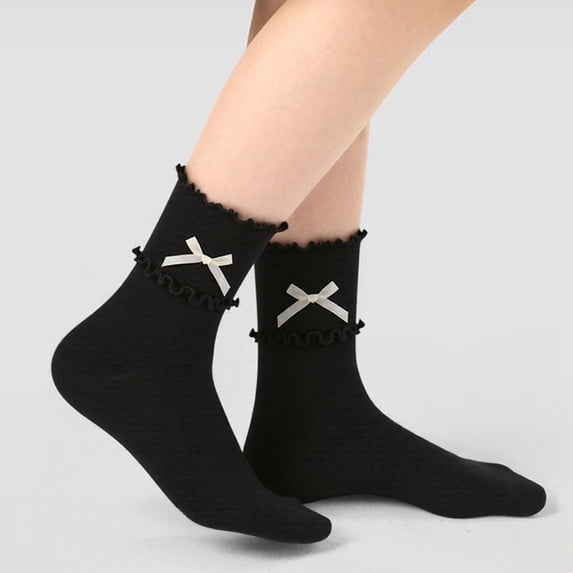 Babaley Kids Socks Girls Bow Decor Ruffled Edge Crew Socks Soft Comfortable Casual Daily Stylish Socks