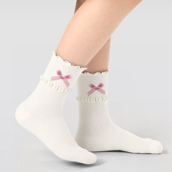 Babaley Kids Socks Girls Bow Decor Ruffled Edge Crew Socks Soft Comfortable Casual Daily Stylish Socks