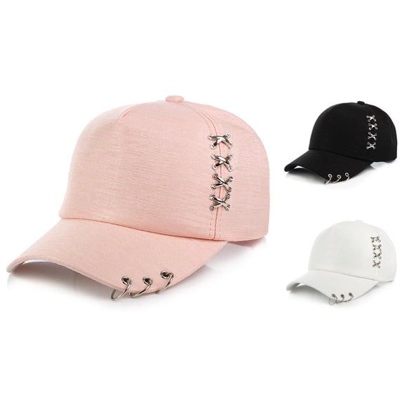 Babaley Unisex Solid Color Baseball Cap With Cross Metal Ring Stylish Trendy Casual Sun Hat Headwear