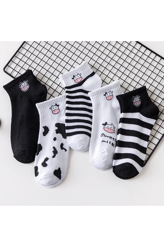 Women Socks 5 Pack Cow Cartoon Print No Show Socks Cute Comfort Summer Thin Short Casual Socks