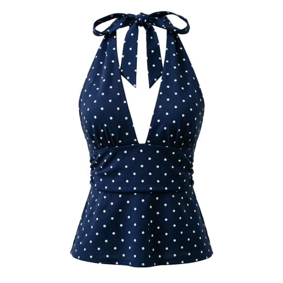 Babaley Women's Halter Top Y2K Style Polka Dot Print Backless Ruched Vest Slim Fit Waist Sleeveless Stylish Camisole