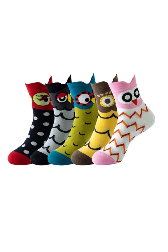 Women's Socks 5 Pack Winter Cartoon Owl Print Cotton Crew Socks Daily Casual Socks