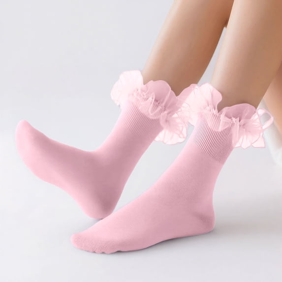 Babaley Women's Socks Elegant Lace Ruffle Crew Socks Comfortable Stretchy Mid Calf Trendy Hosiery