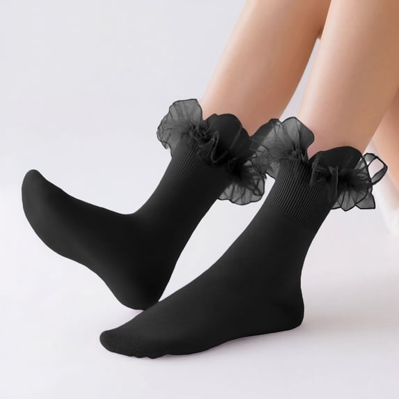Babaley Women's Socks Elegant Lace Ruffle Crew Socks Comfortable Stretchy Mid Calf Trendy Hosiery