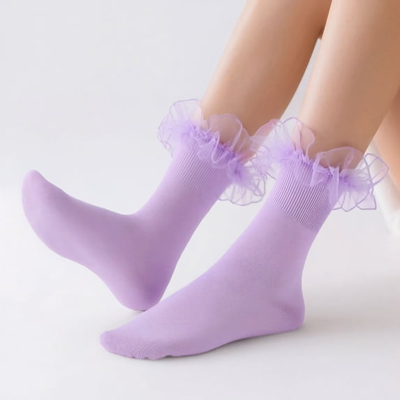 Babaley Women's Socks Elegant Lace Ruffle Trim Crew Socks Comfortable Stretchy Mid Calf Trendy Hosiery