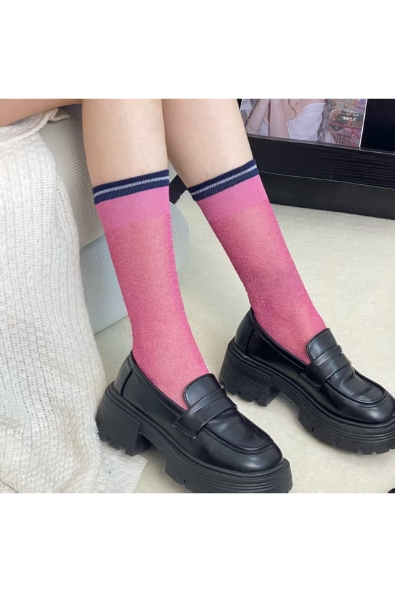 Women's Socks Sheer Glitter Thread Striped Retro Crew Socks Invisible Shiny Thread Footwear