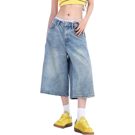 Babaley Womens Capri Jeans Wide Leg Button Fly Baggy Trousers Loose Fit Comfort Summer Stylish Street Casual Denim Pants